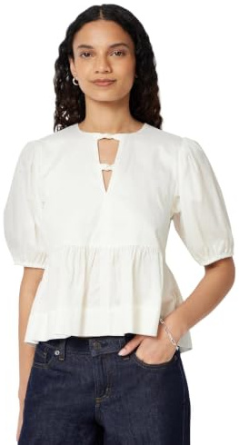 Amazon Essentials Blouse péplum Coupe décontractée en Satin de Coton pour Femme, Blanc, Taille M