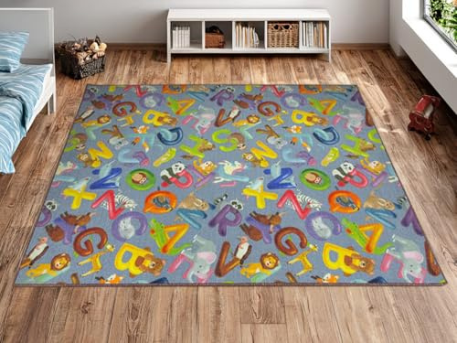 AKCILA Bunter Kinderteppich mit Buchstaben, Grau 200x250 cm Teppich für Jungen und Mädchen – mit Alphabetmotiv – sicher, weich und waschbar, für Kinderzimmer und Wohnzimmer