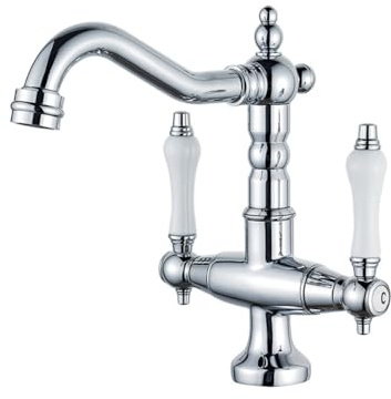 Wasserhahn Bad Waschtischarmatur Retro Antik Stil 360° Drehbar Messing Zweigriff Mischbatterie Waschbecken Armatur, Badarmatur Waschtischbatterie Badezimmer, Chrom, Silber