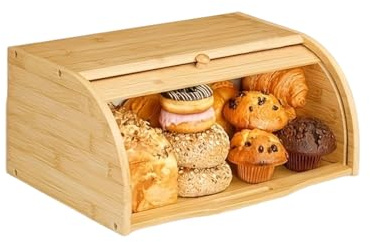 Huche à Pain en Bambou Naturel, Couvercle Enroulable, 40 x 27 x 18 cm | Aide à préserver baguettes et viennoiseries, format pratique pour le plan de travail, style contemporain