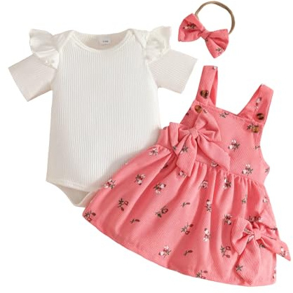 UUAISSO Ensembles Jupe Nouveau-né Fille Haut à Manches Courtes et Jupe à Bretelles à Nœud Papillon Vêtements D'été Bébé Fille Rouge pastèque 3-6 mois