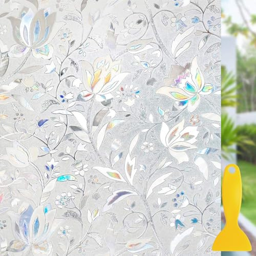 VEOIRXU Pellicola Privacy Per Finestre E Vetri 3D Fiori Decorative Autoadesiva Controllo Di Calore Con Effetto Arcobaleno Anti-UV Pellicola Vetri Finestre Per Casa Bagno Cucina Ufficio 30x200cm