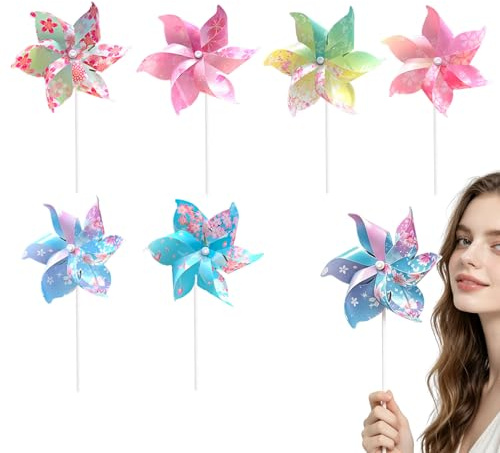 6 Pcs Cherry Blossom Windmills, Garden Windmills Outdoor Decor, Colorful Wind Spinners for Garden, Patio, Lawn, Yard, Bird Scarers for Gardens, DIY Pinwheel for Party Decorations (Flowers)