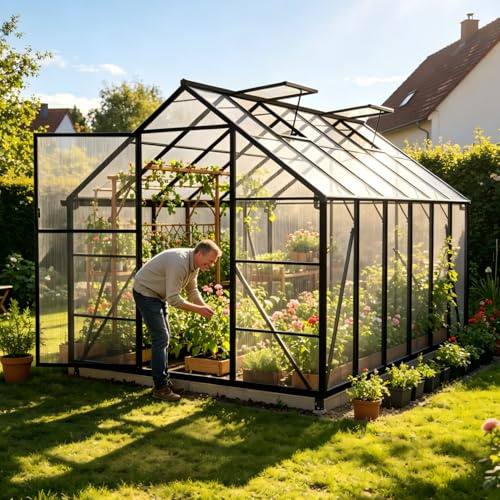 QEENTOE Aluminium Gewächshaus 8x12FT mit Fundament & Belüftungsfenster, großflächiges Tomatenhaus wetterfest & rostfrei, professionelles Gewächshaus für Gemüse, Pflanzen & Frühbeet, 380x250x205cm