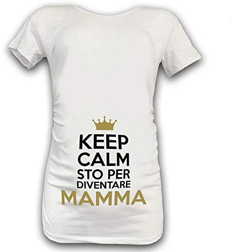 T Shirt Maglia Premaman Keep Calm STO per Diventare Mamma Bianca Bianca Grafica Oro