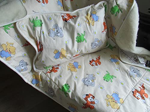 Alpenwolle Kinderbett Set, Baby Bettset, 3Teilig, Unterbett, Oberbett, Kissen, 100% Wolle (Lustige Tierchen)