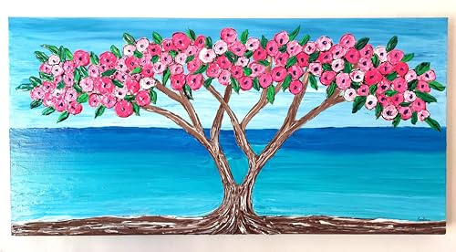 DORON ARTE QUADRO MODERNO ASTRATTO DIPINTO A MANO TELAIO GALLERY BORDI DIPINTI - ALBERO DELLA VITA MARE FIORI ROSA - 40x80x4 cm -RIF64
