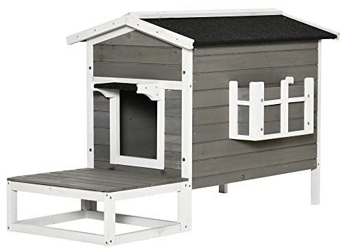PawHut Katzenhaus aus Holz Winterfest wasserdicht Katzenhütte mit Asphaltdach Terrasse Katzenhöhle Katzenkiste Outdoor Schutzhütte für Draußen Garten Balkon 115 x 66,5 x 74,7 cm Grau+Weiß