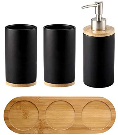 OnePine Juego de cerámica para baño, 4 Piezas, con Dispensador de jabón, Vaso, Vaso para Cepillo de Dientes, Bandeja de bambú