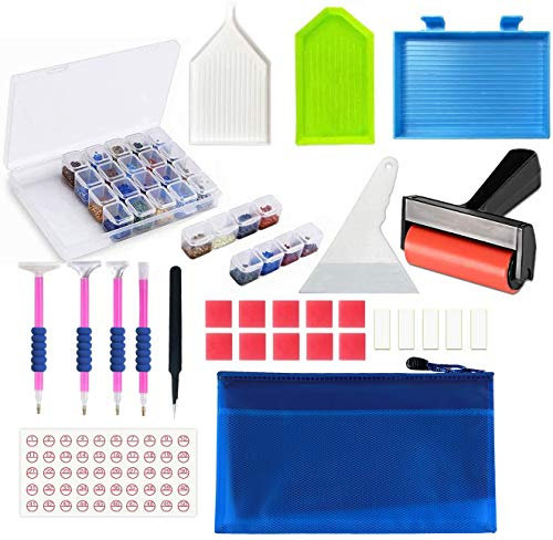 JUSONEY Diamond Painting Zubehör - 33 Stück DIY Diamond Painting Werkzeug Set mit 28 Slots Diamant Malerei Stickerei Box,Keramik Pinzette,Stift,Taschen,Klebeton,Kunststoffschale (with Roller)