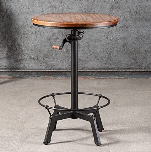 LOKKHAN 33.5-39.4 Inch Tall Industrial Bar Table-Adjustable Bar Height Bistro Whiskey Pub Table-23.7 Dia Swivel Round Wood Top Metal Base-Easily Adjusts by Crank Handle