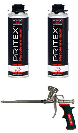 PRITEX – Set aus 2X 500 ml Pistolenreiniger + Schaumpistole – Schaumreiniger für Montagepistolen, Dosenventile & Oberflächen + Bauschaumpistole zur Verarbeitung von 1-Komponenten-Schäumen