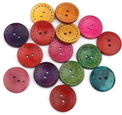 SiAura Material - 50 Stück Runde Holzknöpfe Scrapbooking bunt 25 mm, zufällig Mix, 2 Löcher I Zum Nähen, Basteln und Dekorieren