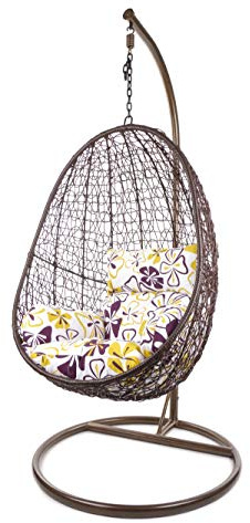 Kideo Komplettset: Hängesessel mit Gestell & Kissen, Korbsessel, Poly-Rattan (Gestell- und Korbfarbe: braun, Kissen: Blumenmuster Nest (1085_Flower_Love))