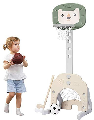COSTWAY 3 in 1 Kinder Spielplatz, höhenverstellbarer Basketballkorb & Fußballtor & Golf, Basketballständer inkl. Bälle und Golf Club, Korbanlage für Innen- und Außenbereiche (Grün)
