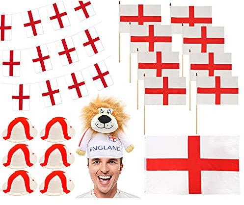 England-Fußball-Party-Dekorationspaket – 40 Stück Englische Fußball-Fans – St. Georges Kreuz-Flagge, Wimpelkette, Handflaggen, Bowler Hüte und Löwenhut