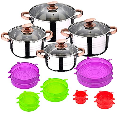 Jolie - Batteria da cucina, 8 pezzi, adatta per induzione, San Ignacio, Altea in acciaio inox, con set di 12 coperchi in silicone