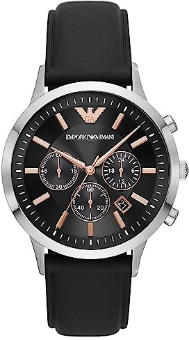 Emporio Armani Reloj Hombre, Movimiento cronógrafo, 43mm Caja de acero inoxidable plateada con correa de piel, AR11431, Tono plateado y tono oro rosa