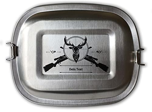 elbedruck Edelstahl Brotdose Lunchbox für Jäger und Förster personalisiert mit Wunschgravur, 3 Größen zur Auswahl dein Name Wunschtext Jagen Jagd Wald (Lunchbox Jagd Set (kleine & große Dose))