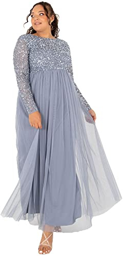 Maya Deluxe Vestido Mujer, Dama de Honor, Cuello En V, Manga Corta, Largo, Elegante, Cintura Imperio, Dusty Azul, 46