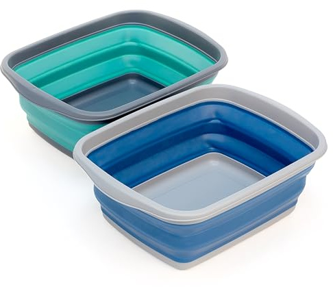 SAMMART 10L Set mit 2 zusammenklappbaren Wannen – Faltbare Geschirrwanne – tragbares Waschbecken – platzsparende Kunststoff-Waschwanne (Dunkles Meergrün + Stahlblau, 2)