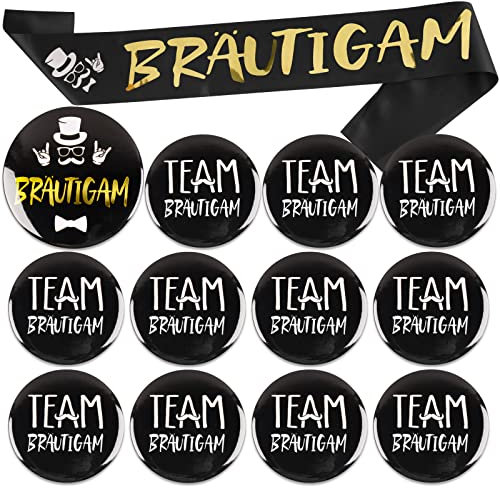 FLOFIA 13Pcs JGA Deko Männer Bräutigam Button Schärpe mit 11 Team Bräutigam Buttons Anstecker Hochzeit Junggesellenabschied Accessoires Abzeichen Mitgebsel Partyzubehör Schwarz Gold
