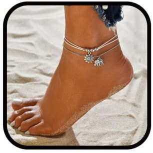 Bufenia Boho Layered Leder Perlen Fußkettchen Silber Fußkettchen Kette Elefant Sonne Vintage verstellbarer Fußschmuck für Frauen und Mädchen