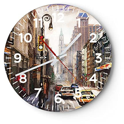 Modern Wanduhr New York Aquarell 30x30cm Rund Klein Wand Uhr Glas Analog Zimmeruhren Küche Büro Wohnzimmer Glasuhr Wall Clock Dekoration Design Wanddekoration Küchenuhr C4AR30x30-4590