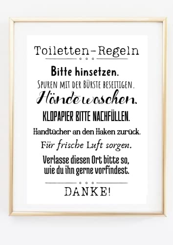 Amizou Din A4 Kunstdruck ohne Rahmen - Toiletten-Regeln - Spruch Badezimmer Gäste WC Toilette Klo Klopapier - Druck Poster Bild