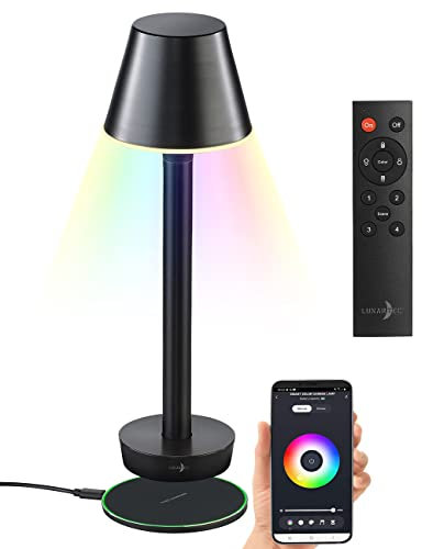 Lunartec Tischlampe akkubetrieben: Smarte Outdoor-Tischlampe, RGB-CCT-LEDs, App, inkl. Fernbedienung (Terrassentisch Lampe, LED Schreibtischleuchten Akku)