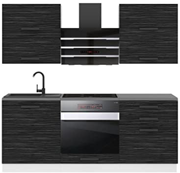 Belini Küchenzeile Küchenblock Emily - Küchenmöbel 180 cm Einbauküche Vollausstattung ohne Elektrogeräten mit Hängeschränke und Unterschränke, ohne Arbeitsplatten, Königliches Ebenholz