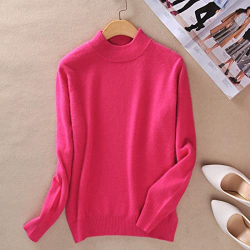 BEQUAH Ulltröja kashmir bomullsblandning halv polokrage dam pullover höst vinter jumper daglig användning enkel varm stickad tröja drag dam-fuchsia, S