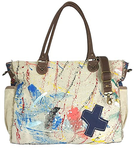 Sunsa Damen Handtasche. XXL Tasche aus Canvas/Leinwand & Leder. Große Strandtasche/Weekender mit Reißverschluss. Vintage Künstlerische Schultertasche als Geschenkideen für Frauen | Weekender mit Leder Schultergriffe & Crossbody Henkel. Künstlerische Design Schultertasche mit viel Fächer, DIN A4 geeignet
