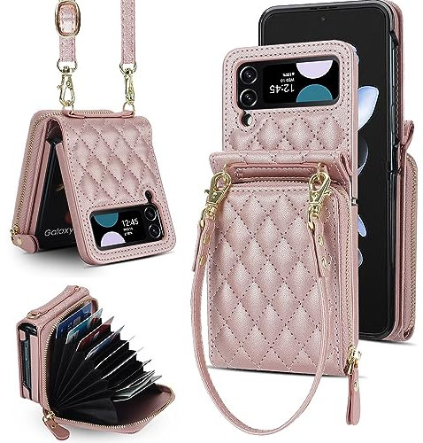 XIZYO Fermeture à Glissière Paquet de Cartes Flip PU Cuir Coque pour Samsung Galaxy Z Flip 3, avec Lanière Amovible et Réglable, Housse Filles Femmes Mignon Luxe avec Porte-Cartes, Or Rose