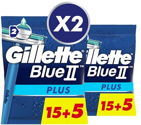 Gillette Blue II Plus Rasoirs Jetables x 20, Avec Bande Lubrifiante Et Deux Lames Ultra-Affûtées, Pour 5 Rasages De Près