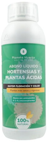 Planeta HUERTO | Abono Líquido Hortensias y Plantas Ácidas 1 Litro – Abono Líquido Fertilizante Orgánico con Hierro Quelatado para Mejorar Floración, Crecimiento y pH del Suelo