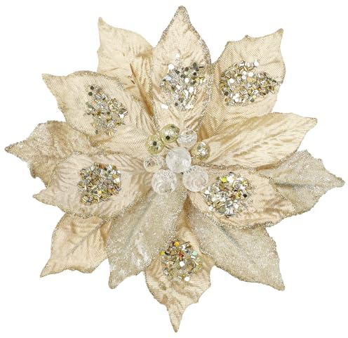 Hollyone 4 Stück Künstliche Weihnachtsblumen Champagner Glitzer Weihnachtsbaum Dekoration Weihnachtssterne 23cm Große Kunstblumen für Weihnachten Neujahr Hochzeit Partys Feiertagsdekoration