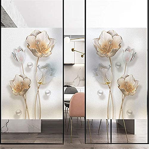 HWBZSZY Blickdicht Badezimmer Fenster Folie, Entfernbar Privatsphäre Milchglasfolie mit 3D Goldenem Rosen Motiv, Statische Ohne Klebstoff Dekofolie Glas Abziehbilder,90x200cm