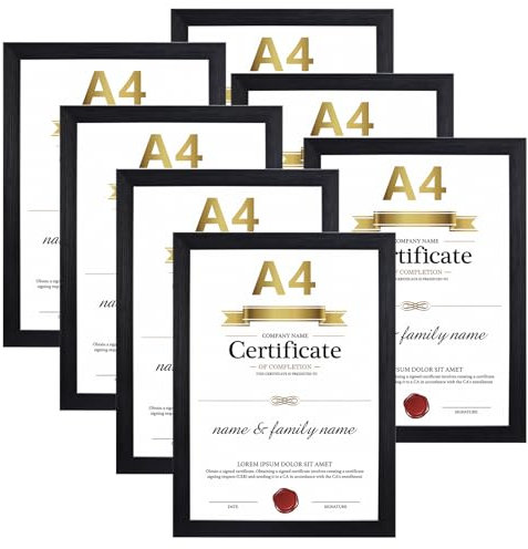 Giftgarden Juego de 7 Marco de Fotos A4, Sencillo Marcos para Cuadros con Acabado en Negro, Ideal para Paisaje, Certificados y Retrato, Moldura A4 para Colgar en la Pared o Colocar Sobre una Mesa