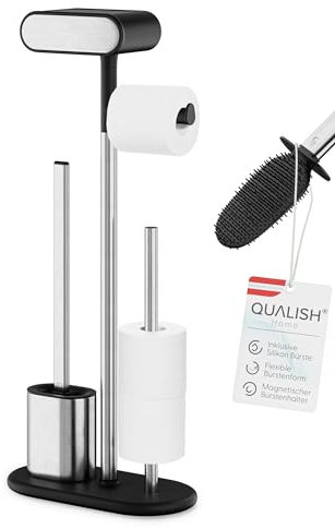 QUALISH® Toilettenpapierhalter Stehend Mit Bürste (Silikon) - Klopapierhalter Aus SS201 Edelstahl - WC Garnitur - Klorollenhalter - Toilettenpapierhalter Mit Bürste (Schwarz)