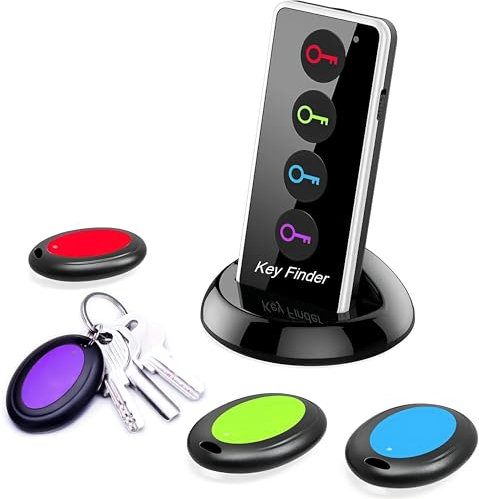 Localizzatore per Chiavi, Trova Chiavi Senza Fili, Trova Oggetti Remoto con 1 Trasmettitore, 4 Ricevitori e 1Base, Wireless Key Finder RF Item Locator, 80 dB Localizzatore di Portafogli y Telecomando