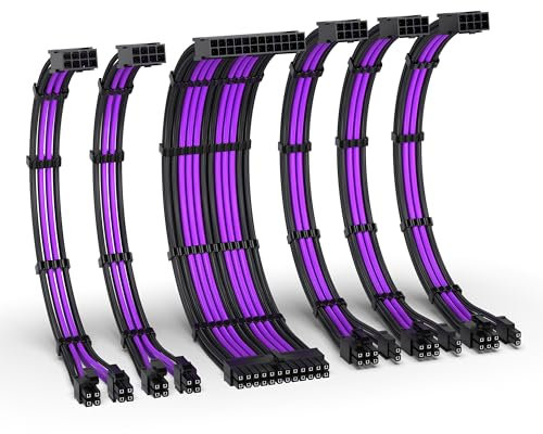 EZDIY-FAB PSU Kabel Verlängerung Kit,16AWG Verlängerungskabel für die Stromversorgung,1x24Pin/2x4+4 EPS/3x6+2 PCI-E,Kundenspezifische PC Hülse Kabel 300MM mit Kämmen-Schwarz Violett