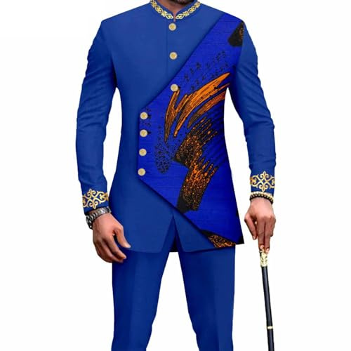 Costume Africain pour Homme Ensemble 2 Pièces Veste Et Pantalon En Broderie Dashiki Bazin Riche Tenue Traditionnelle(Style4,XXL)