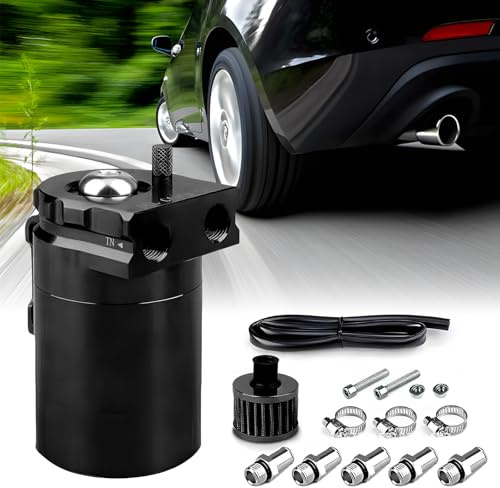Oil Catch Can Auto, 300ml Aluminium Voiture Réservoir, Universel Séparateur Bidon Huile Voiture Air Filtre avec Filtre à Air, Tuyau et Autres Accessoires (Noir)