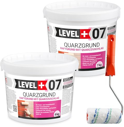 LEVEL PLUS 07 Quarzgrund mit Quarzsand unter Putze - Haftgrundierung | für Innen & Außen - Weißer Putzgrund, Schnell Trocknend, Wasserabweisend & Lösemittelfrei - 11 kg mit Farbroller 10cm