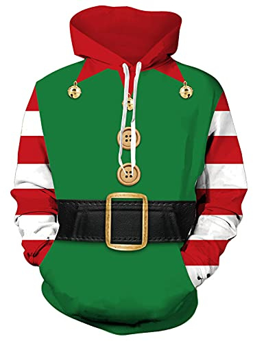 Freshhoodies Natale Elfo Uomo Felpa Felpe con Cappuccio 3D Stampa Manica Lunga Maglioni Abbigliamento Donne Ragazzi Adolescenti Festa Regalo, M