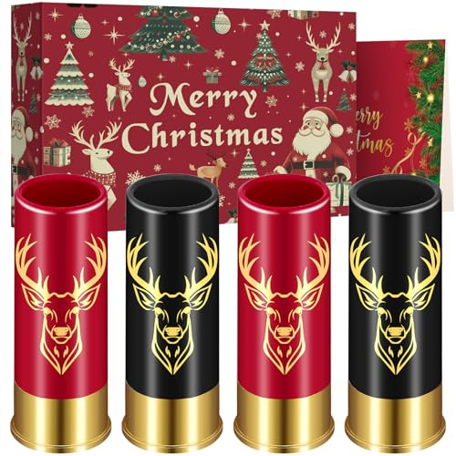 Vasos de Chupito de Plástico Con Cabeza de Ciervo - Juego de 4 Con Caja de Regalo, 45ml, Negro y Rojo - Regalo de Caza de Ciervos 12 GA, Novedoso Para Fiestas y Bodas