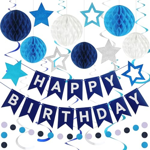 ASTNIC Wiederverwendbare Geburtstagsdeko, Pastell Party Deko, Marine Blau Happy Birthday Girlande mit Wabenbälle Wimpelkette Geburtstag Pompons Deko, Geburtstag & Party Zubehör