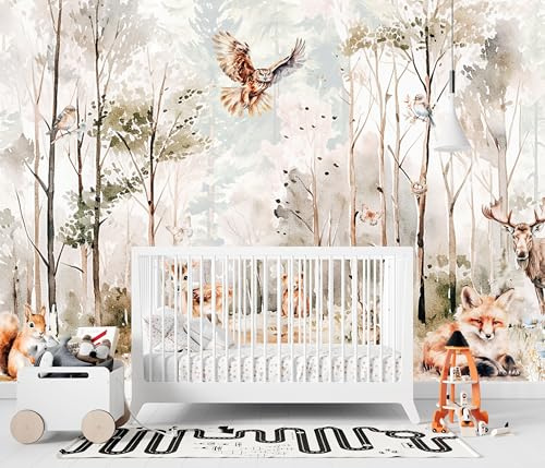 madras24 Papier peint photo animaux de la forêt pour chambre d'enfant, papier peint pour enfants, arbres, décoration murale, papier peint sur mesure aquarelle