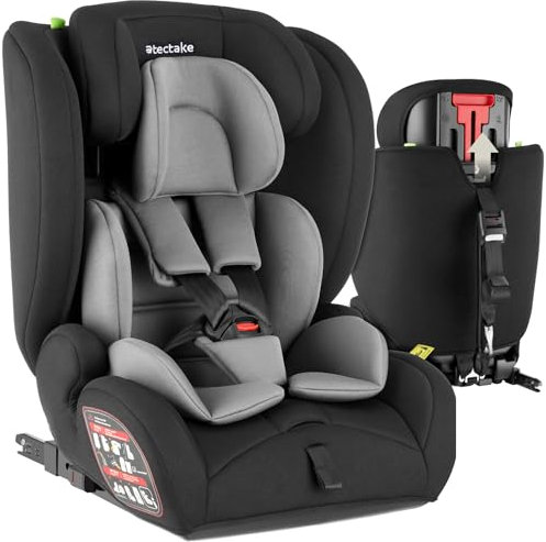 tectake® Seggiolino Auto Bambini i-Size, Omologato ECE R129, Cintura a 5 Punti, Seggiolino Auto ISOFIX e Top Tether, Poggiatesta Bimbi Regolabile a 8 Livelli - GrigioScuro/Nero